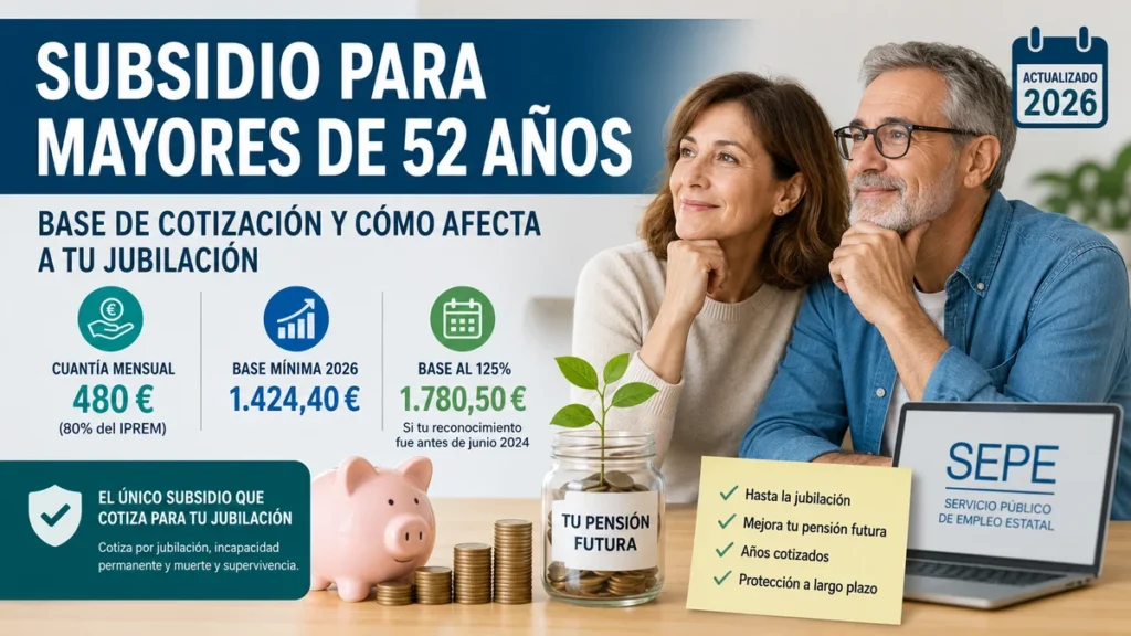Subsidio para mayores de 52 años en 2026: base de cotización y cómo afecta a tu jubilación